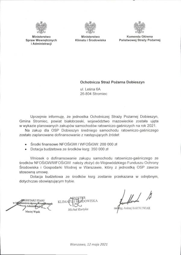 Pismo potwierdzające pozyskanie środków dla OSP Dobieszyn na zakup nowego samochodu pożarniczo-ratowniczego