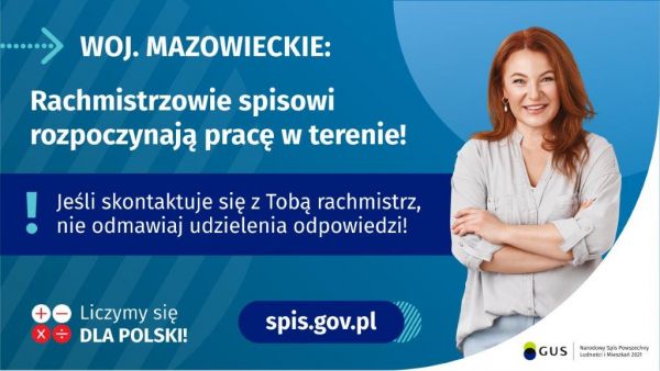 Grafika przedstawiająca uśmiechniętą kobietę oraz napis Rachmistrzowie spisowi rozpoczynaja pracę w terenie i Jeśli skontaktuje się z Topbą rachmistrz, nie odmawiaj udzielenia odpowiedzi!
